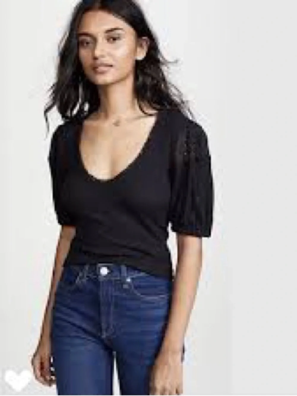 Free People Black Puff Sleeve V-Neck Top with Eyelet Shoulders